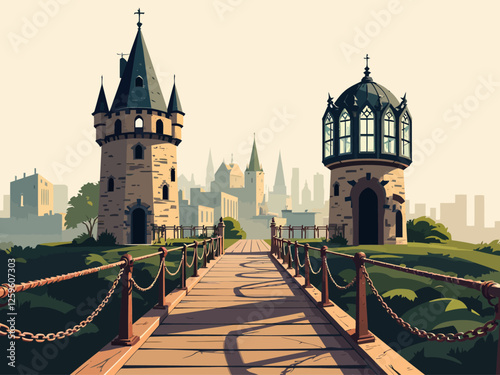 a tall, simple drawbridge over a canal with glass turrets at the top of each tower, kind of run down, with a city on a hill in the backround