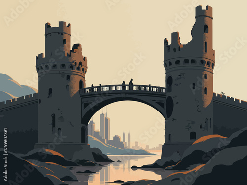 a tall, simple drawbridge over a canal with glass turrets at the top of each tower, kind of run down, with a city on a hill in the backround