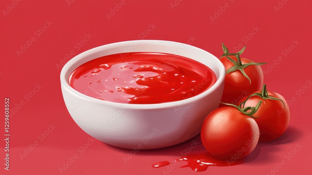 Delicious Ketchup in a Bowl with Fresh Tomatoes on a Red Background Delicious Ketchup in a Bowl with Fresh Tomatoes on a Red Background