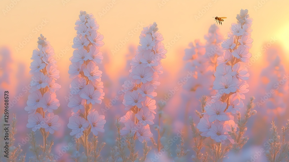 Delicate pink and purple blossoms swaying in the summer breeze with a tiny golden bee hovering in a dreamy macro shot Delicate pink and purple blossoms swaying in the summer breeze with a tiny golden bee hovering in a dreamy macro shot