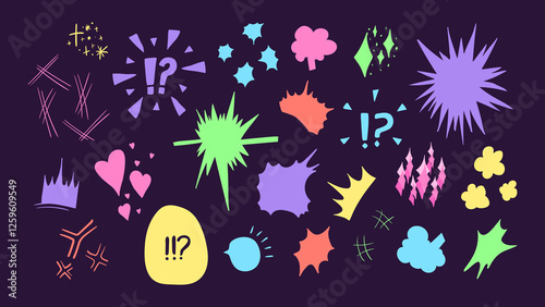 Colored set of hand drawn elements for expressing emotions in doodle style. Vector icons for expressing emotions in manga or comic style