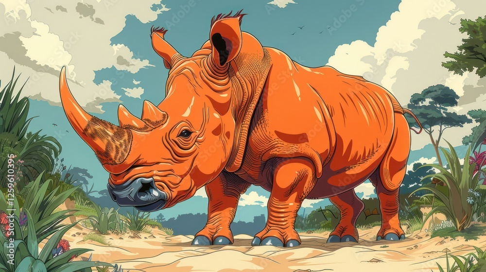 Fototapeta premium A vibrant orange rhinoceros stands in a lush environment under a blue sky.