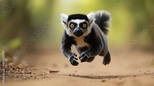 Lemur with a white spot on its face running down a dirt road