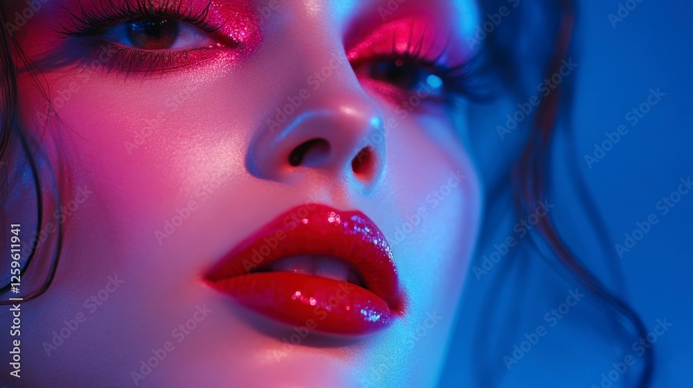 Fototapeta premium A close-up face and makeup of an attractive woman with vibrant pink eyeshadow, bright red lipstick, against a blue background. The focus is on her eyes that sparkle under soft lighting. 