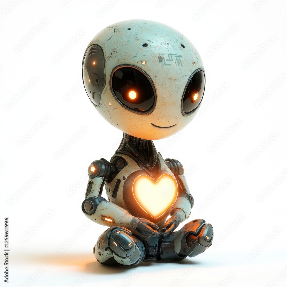 Fototapeta premium Cute Robot Character with Heart Symbol Sitting and Smiling