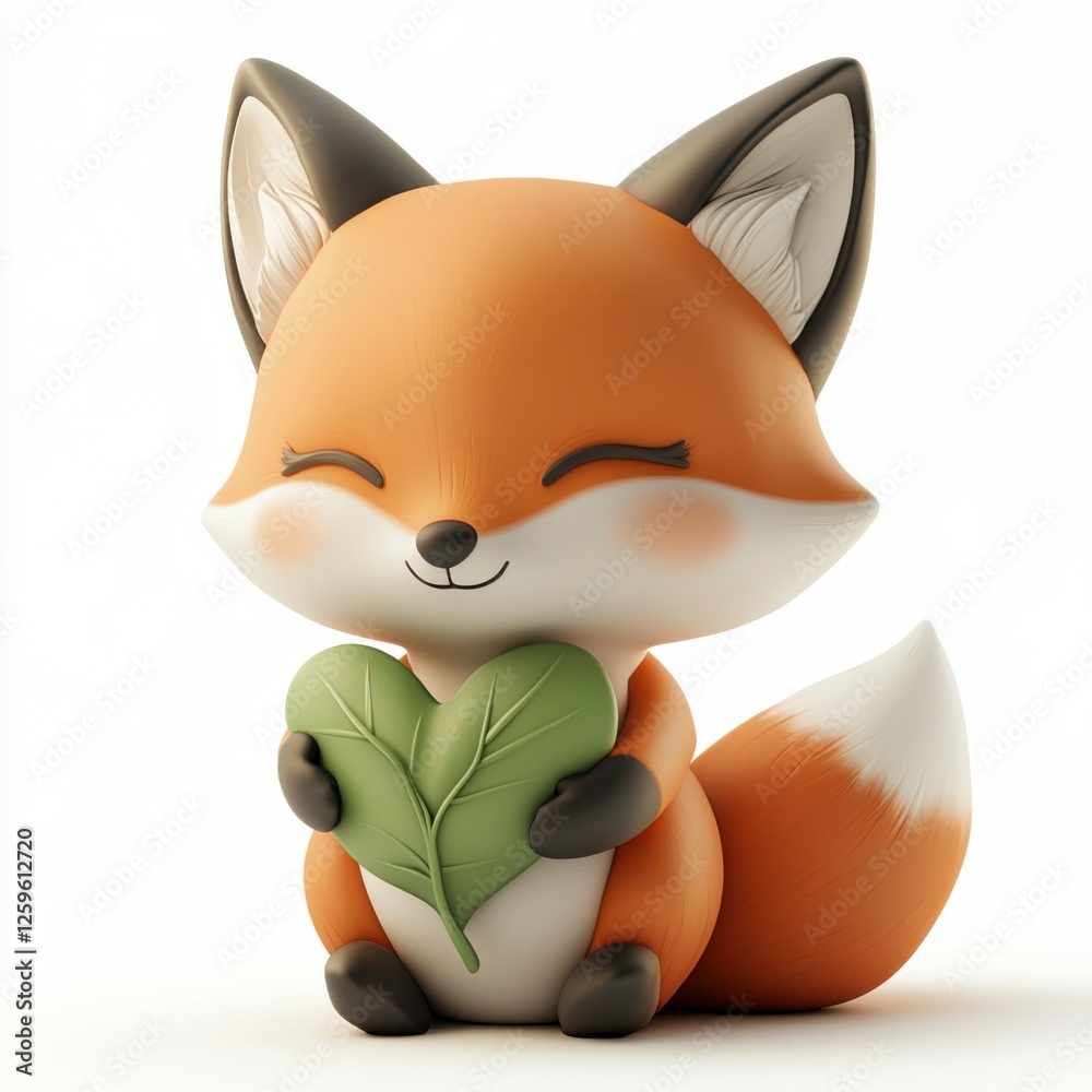 Obraz premium Cute Cartoon Fox Holding Green Leaf in a Playful and Adorable Style