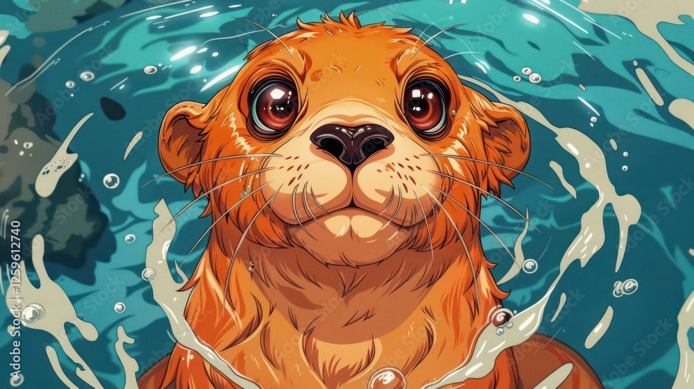 Naklejka premium A cute otter emerging from water, showcasing its playful nature and vibrant colors.