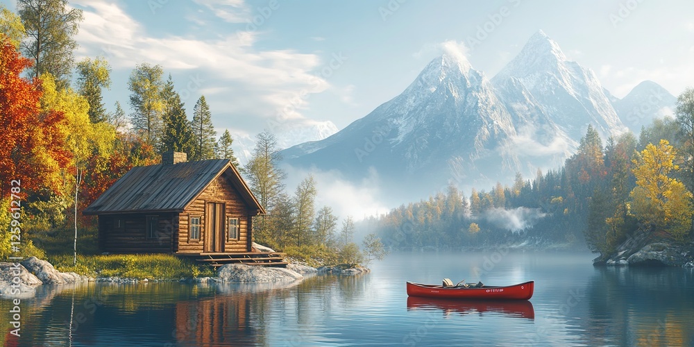 Fototapeta premium Scenic Lakefront Cabin with Mountain Views and Calm Waters