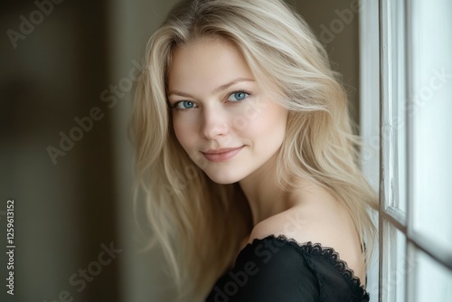 Beautiful Russian woman with blonde hair and blue eyes, portrait photography, cinematic, bokeh effect, window light background, natural daylight, looking at the camera, wearing a black dress. Free Download Beautiful Russian woman with blonde hair and blue eyes, portrait photography, cinematic, bokeh effect, window light background, natural daylight, looking at the camera, wearing a black dress. - GFXLoad