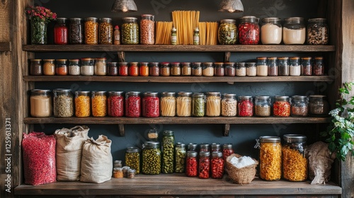 Colorful display of jars filled with various foods on wooden shelves in a cozy kitchen setting