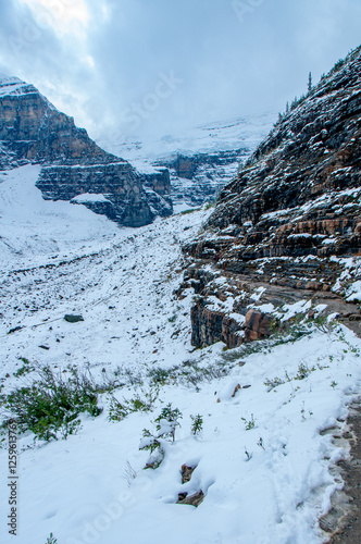 The rocky path towards the Plain of Six Glaciers in Banff National Park near Lake Louise photo