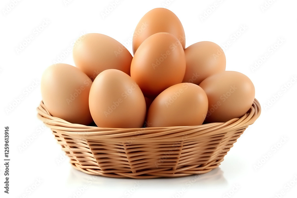 Front view of brown chicken eggs in stack in wicker basket is isolated on white background with clipping path. Front view of brown chicken eggs in stack in wicker basket is isolated on white background with clipping path.
