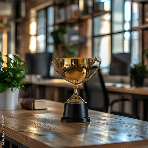 Golden trophy achievement award on wooden table in elegant restaurant interior lighting ambiance photo