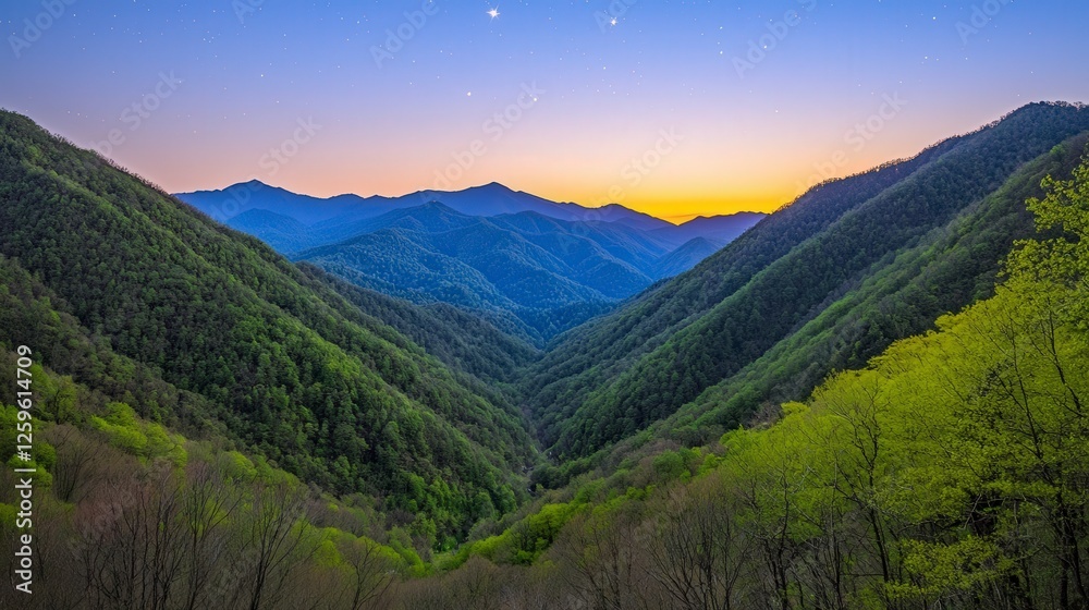 Fototapeta premium Serene Mountain Landscape at Dusk with Vibrant Green Hills