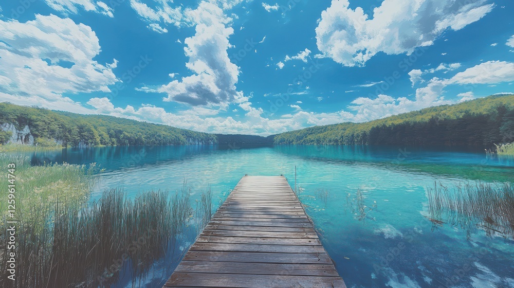 Wooden pier on tranquil lake, lush forest backdrop, sunny day, travel postcard Wooden pier on tranquil lake, lush forest backdrop, sunny day, travel postcard