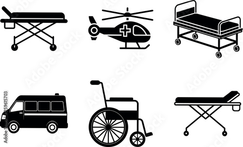 Hospital Transport Silhouette Collection: Wheelchair, Stretcher, Patient Transport Van, Hospital Bed with Wheels, Medical Gurney, Air Ambulance