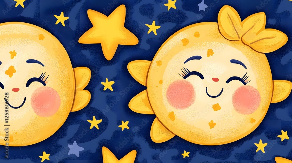 Naklejka premium Cheerful Cute Sun and Stars Pattern Illustration for Kids' Decor