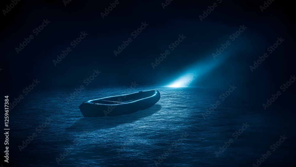 Dark night, solitary boat, mysterious light, underwater Dark night, solitary boat, mysterious light, underwater