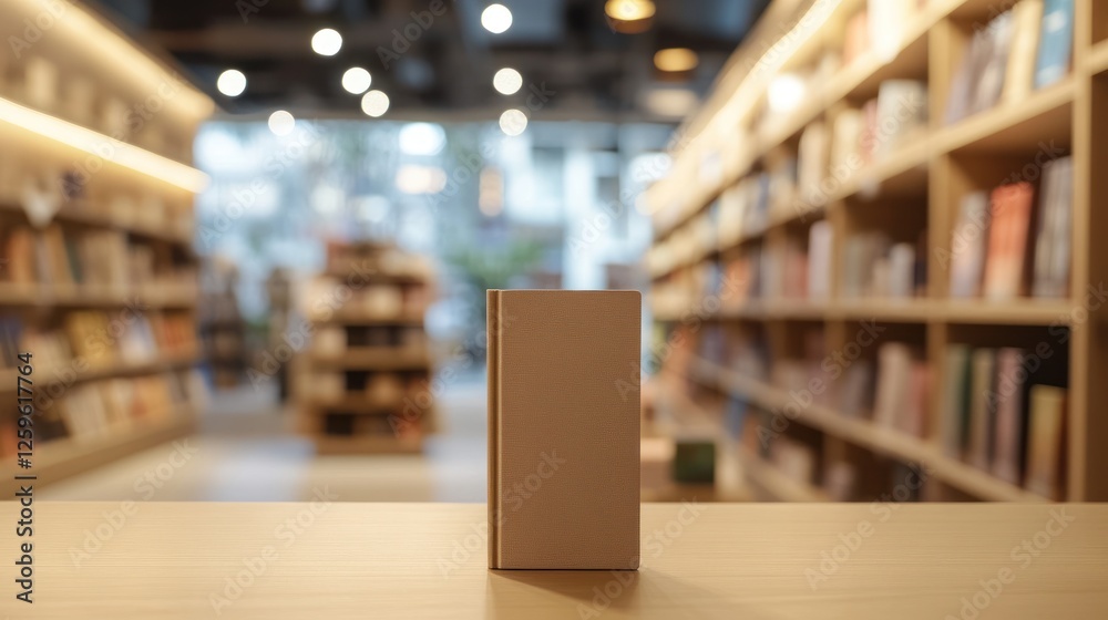 Beige book mockup on wooden table in a bookstore. Blurry background of shelves filled with books. Beige book mockup on wooden table in a bookstore. Blurry background of shelves filled with books.