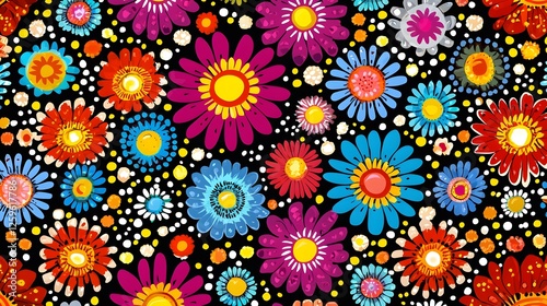 Colorful Floral Pattern with Bright Flowers on Dark Background