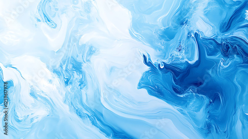 A captivating abstract image showcasing a mesmerizing blend of light blue and white fluid acrylic paint