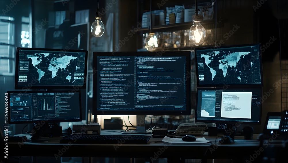 Dark room, multiple screens, hacking, global view Dark room, multiple screens, hacking, global view