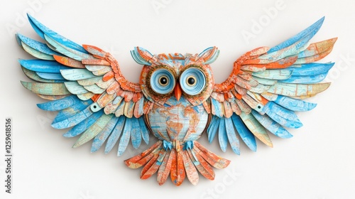 Recycled-material owl art, wings spread, white background, wall decor photo