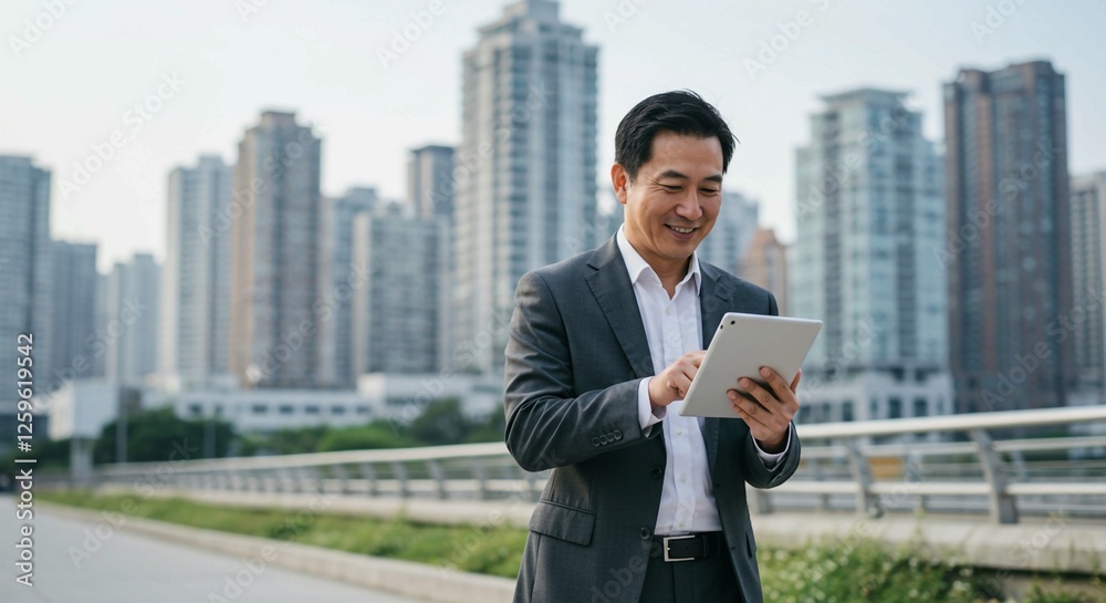 Smart Business Executive Engaged with Digital Tablet on the Way to Work Smart Business Executive Engaged with Digital Tablet on the Way to Work