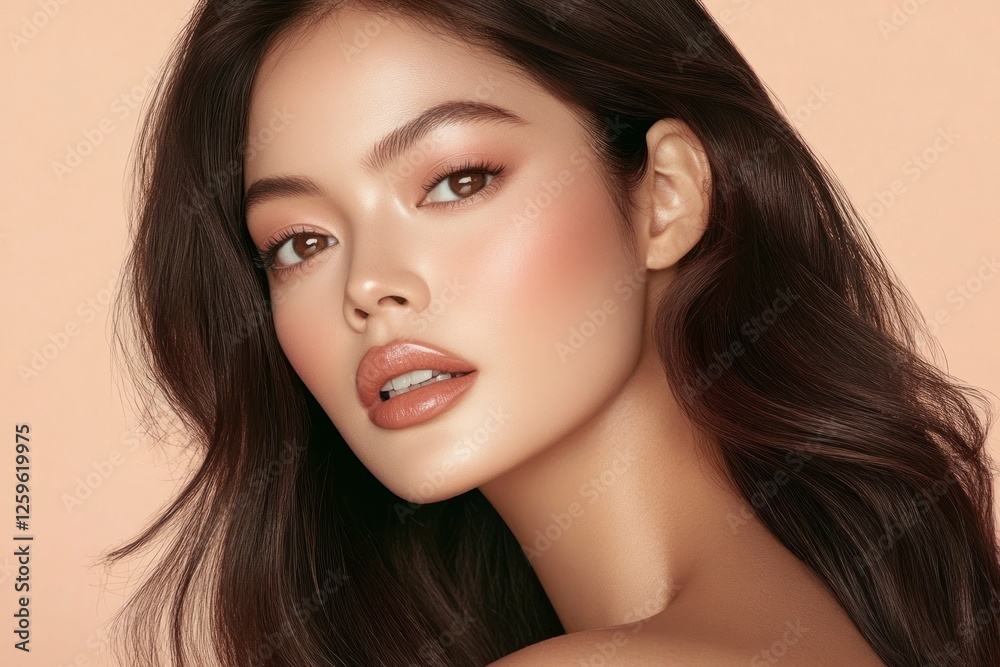 Beautiful woman with long dark brown hair, big eyes, and full lips is the focus of a beauty product advertisement. She wears minimal makeup. Beautiful woman with long dark brown hair, big eyes, and full lips is the focus of a beauty product advertisement. She wears minimal makeup.
