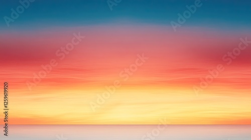 Serene sunset over calm ocean waters, vibrant colors blending in the sky, tranquil atmosphere