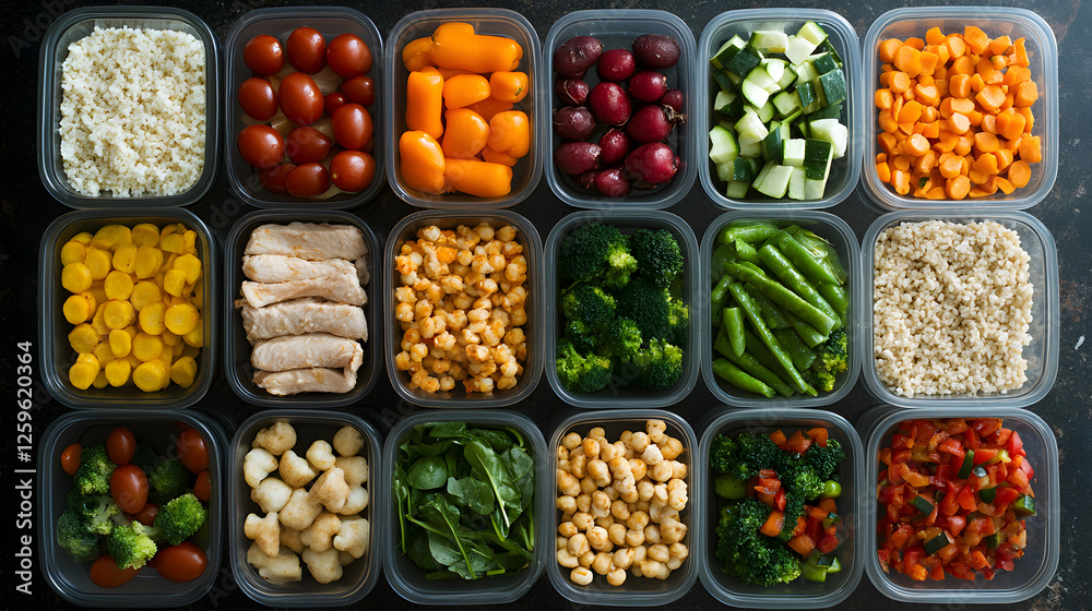 view of a healthy meal prep with neatly arranged containers of vegetables, lean protein, and grains view of a healthy meal prep with neatly arranged containers of vegetables, lean protein, and grains