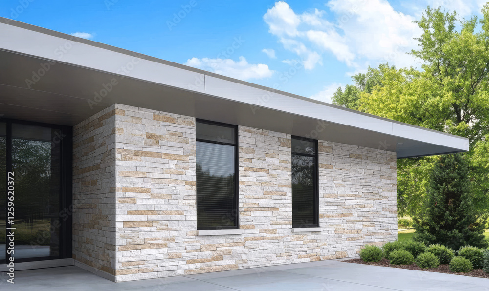 Modern stone-clad building with large windows and lush greenery on a sunny day Modern stone-clad building with large windows and lush greenery on a sunny day