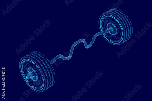 A blue image of a barbell with a blue background. The barbell is shown in a 3D format, with the weight plates visible. Concept of strength and fitness. Isometric view