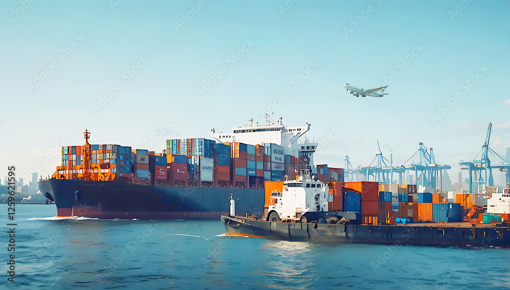Fototapeta premium a digital composite featuring a global logistics theme. In the foreground, a large cargo ship loaded with multicolored shipping containers