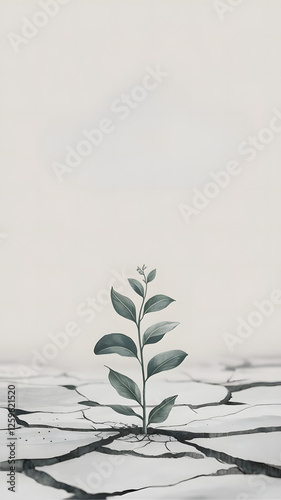 Resilience and Growth Concept Green Plant Sprouting Through Cracked Earth