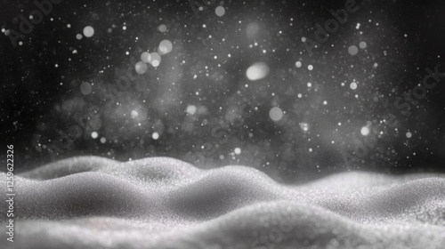 Winter Wonderland: A serene landscape of glistening snow drifts under a dark night sky, illuminated by soft, ethereal snowflakes and bokeh lights. Evoking a sense of peace and tranquility. 