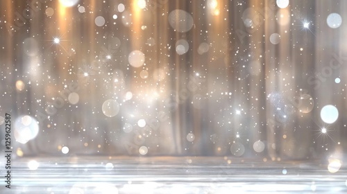 Sparkling Festive Background: Abstract backdrop with soft shimmering bokeh lights on a muted gold, silver, and white background. Ideal for festive season, celebration, wedding.
