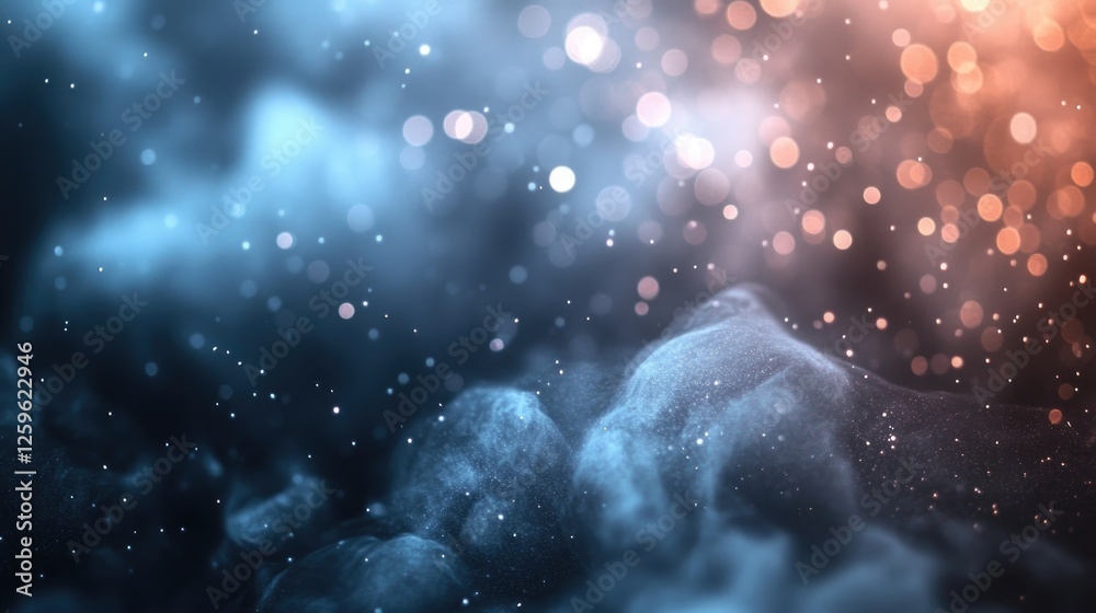 Obraz premium Cosmic Nebula: Abstract swirling clouds of blue and orange hues, speckled with glittering lights, evoke a sense of wonder and mystery, reminiscent of a celestial nebula.