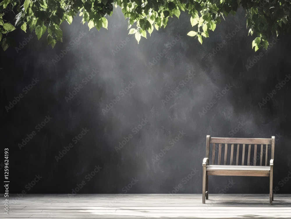 Wooden bench under leafy branches in a misty, serene setting during the early morning Wooden bench under leafy branches in a misty, serene setting during the early morning