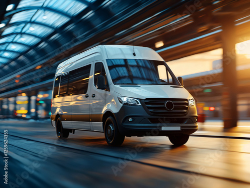Airport shuttle van speeding through modern terminal building with glass roof during sunset transit transportation service