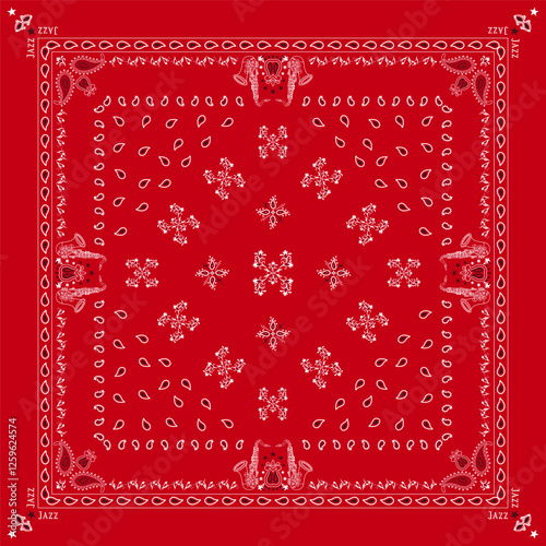 Red Bandana Print. paisley seamless pattern. pattern, flowers, Jazz, saxophone, music, decorative geometric line ornament. Red white pattern template. Silk neck scarf or kerchief square pattern design