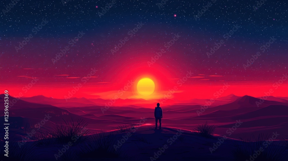 Man watching sunset over desert mountains, starry night sky Man watching sunset over desert mountains, starry night sky