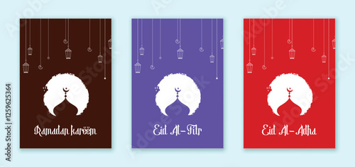 Set of Islamic vector greeting cards for Ramadan, Eid Al-Fitr, and Eid Al-Adha with mosque silhouettes, crescent moons, stars, and lanterns on colorful backgrounds.  