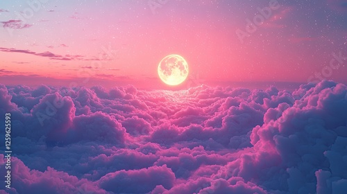 A vibrant sunset with a full moon rising over fluffy pink clouds, creating a serene atmosphere