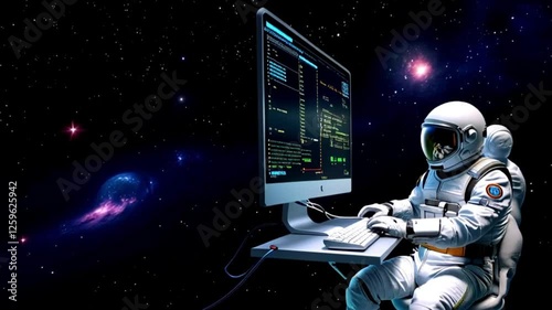 The astronaut is a programmer, typing on a computer keyboard, next to a large monitor. Video generative AI.
