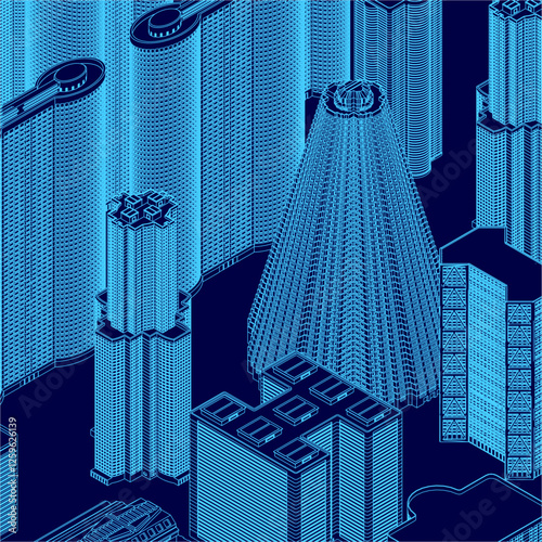 A blue cityscape with many buildings and a large tower. The buildings are tall and the sky is blue. Isometric view