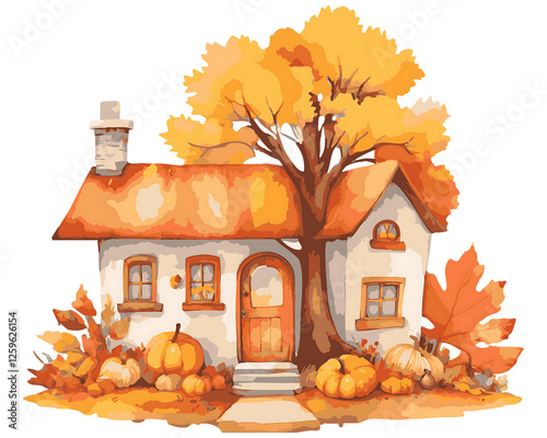 Quirky autumn house clipart isolated watercolor element with detailed artistic illustration  
