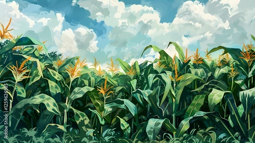 Morning light shining on a green cornfield, highlighting the vibrant colors and healthy growth

