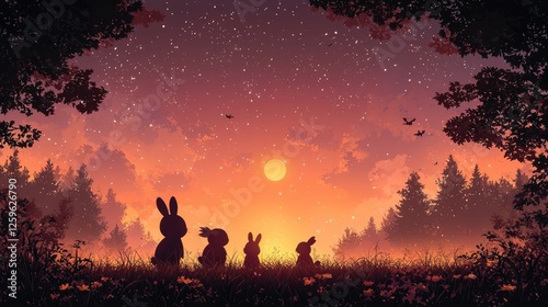 Silhouetted rabbits observing a vibrant sunset in a serene forest landscape with stars