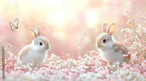 Two adorable rabbits sitting among a field of pink flowers with a butterfly in a dreamy background